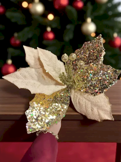 Happyland Yılbaşı Ağacı Süsü Gold Simli Ponsetya Çiçek 28 CM