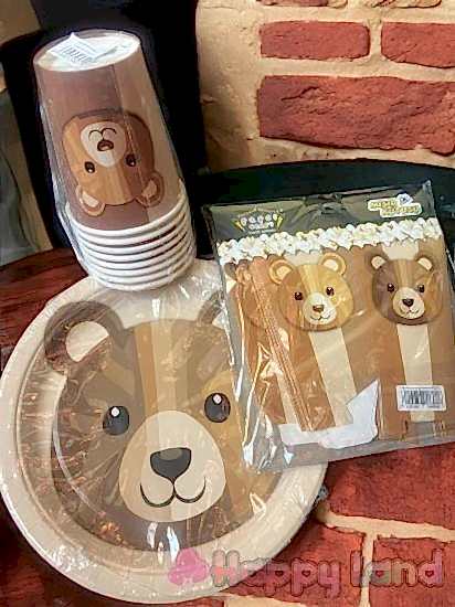 Happyland Ayıcıklı Retro ( Kahve ) Konsept Doğum Günü Baby shower Tabak Bardak Mısır Kutusu Seti