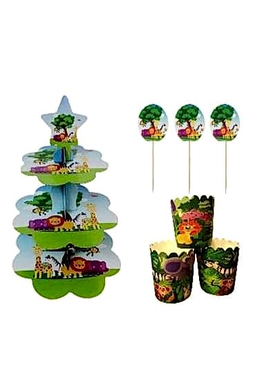 Happyland Safari Karakterli Kek Standı + Kek Kapsülü + Kürdan 3’lü Set Erkek Doğum Günü