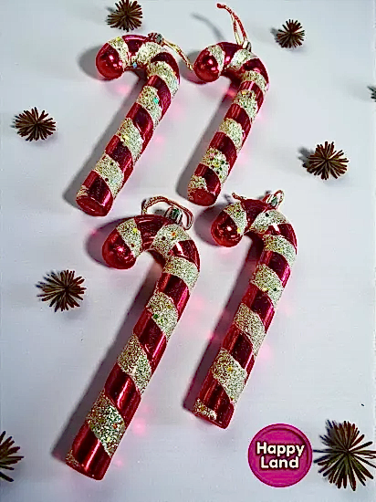 Happyland Yılbaşı Ağaç Süsü Baston Şeker Gold Simli Ağaç Süsü 4 Adet 16 cm Orta Boy HAPPY2025-140