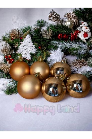 Happyland Yılbaşı Çam Ağacı Süsü Şampanya Rengi Parlak Mat 6 Adet 6 cm Asetat Kutulu Model