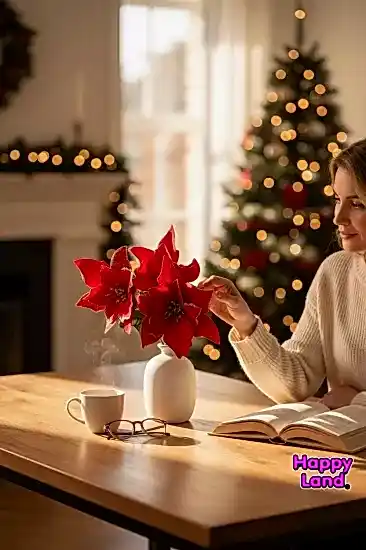 Happyland Yılbaşı Çiçeği 1 Demet 5 Çiçekli Kırmızı Gold Simli Ponsetya Atatürk Çiçeği Yılbaşı Yapay Çiçek