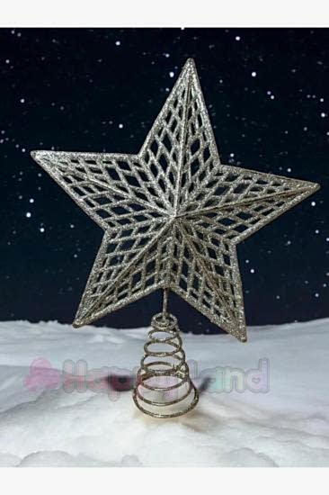 Happyland Yılbaşı Çam Ağacı Süsü Gümüş Renk Yaylı Model Tepe Yıldızı 25 cm Tepelik