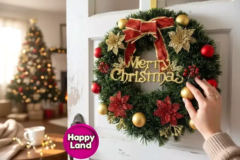Happyland Yılbaşı Kapı Süsü Çelenk Kapı Çelengi Merry Christmas 35 cm Yılbaşı Çelenk Ev Dekor HPY-6