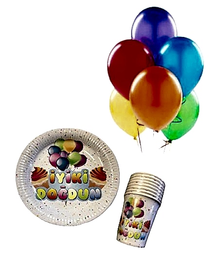 Happyland Rengarenk Doğum Günü Parti Paketi Ekonomik Set Renkli İyiki Doğdun Yazılı Tabak Bardak + Renkli Balonlar