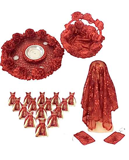 Happyland Kırmızı Kına Gecesi 6 Parçalık Gelin Seti Kaftanlı Kına Kına Tepsisi Kına Sepeti ve Gelin Alı + Eldivenleri