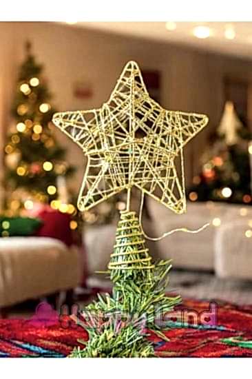 Happyland Yılbaşı Çam Ağacı Süsü Gold Yaylı Model Sarmalı Simli Tepe Yıldızı 20 cm