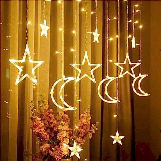 Happyland Ay Yıldız Perde Led Işıklar Animasyonlu Fişli Sarkıt Dekoratif Ay Yıldız Saçaklı Led Kumandalı Perde Led