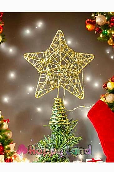 Happyland Yılbaşı Çam Ağacı Süsü Gold Yaylı Model Sarmalı Simli Tepe Yıldızı 20 cm