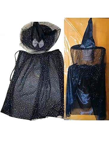 Happyland Halloween Siyah RenkÜzerine Gümüş Yıldızbaskı CadıPelerin ve Şapkası KostümSeti Çocuk 80cm 