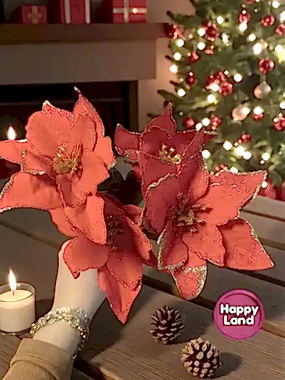 Happyland Yılbaşı Çiçeği 1 Demet 5 Çiçekli Kırmızı Gold Simli Ponsetya Atatürk Çiçeği Yılbaşı Yapay Çiçek