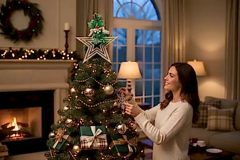 Happyland Yılbaşı Çam Ağacı Süsü Güllü Model Beyaz Tepe Yıldızı Yıldız Tepelik 25 Cm HPY26020