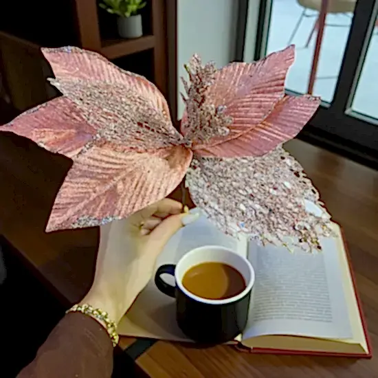 Happyland Yılbaşı Ağacı Süsü Rose Gold Simli Ponsetya Çiçek 28 CM HPY26079