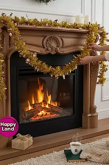 Happyland Yılbaşı Süsü Süslü Tinsel Garland Sim 2 m Gold Renk Noel Babalı Model