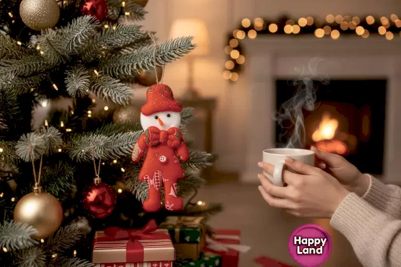 Happyland Yılbaşı Çam Ağacı Süsü Kardanadam Peluş Kırmızı Papyonlu Model Asma Süs 17 cm Noel Dekor