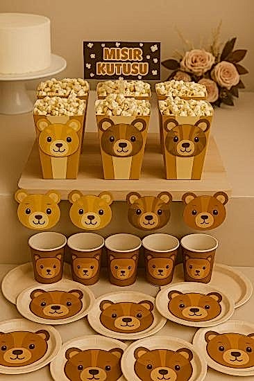 Happyland Ayıcıklı Retro ( Kahve ) Konsept Doğum Günü Baby shower Tabak Bardak Mısır Kutusu Seti