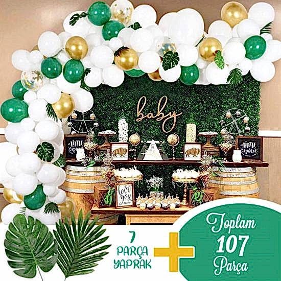 Beyaz Yeşil Gold Krom Yapraklı Balon Zincir Seti