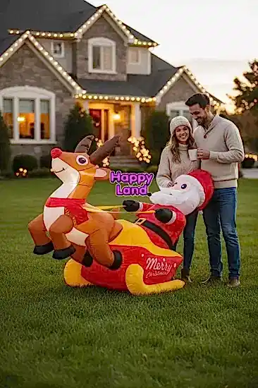 Happyland Yılbaşı KızaklıGeyikli Noel Baba Işıklı Şişme Dekor 150cm Bahçe Kapı Önü Dekor HAPPY20251L