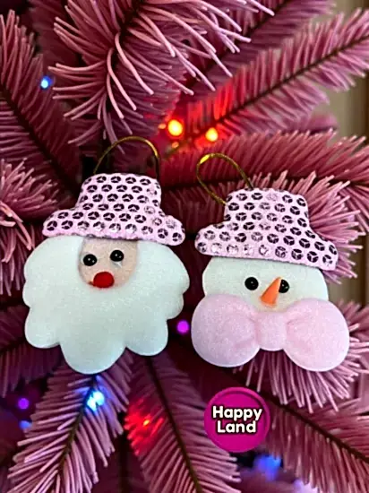 Happyland Yılbaşı Ağacı Süsü Noel Baba Kardanadam 2’li Makaron Pembe Peluş Asma Süs 10 cm HPY26046