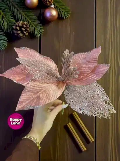 Happyland Yılbaşı Ağacı Süsü Rose Gold Simli Ponsetya Çiçek 28 CM HPY26079