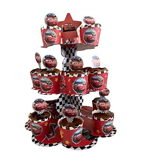 Happyland Cars Figürlü (Arabalar) Karakterli Kek Standı + Kek Kapsülü + Kürdan 3’lü Set Erkek Doğum Günü Partisi Seti Şimşek Mcqueen Temalı Parti Cake Set Cup Cake Standı Seti