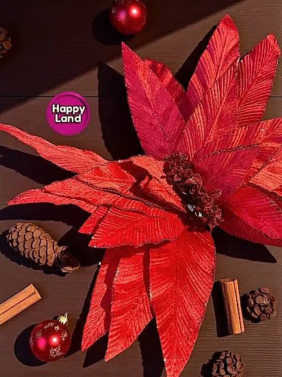 Happyland Yılbaşı Süsü Yapay Simli Papatya Ponsetya Kırmızı 60 cm Büyük Boy Atatürk Çiçeği HPY26082