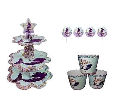 Happyland Deniz Kızı Karakterli Kek Standı + Kek Kapsülü + Kürdan 3’lü Set Kız Doğum Günü Partisi Seti Deniz Kızı&nbsp;Parti Cake Set Cup Cake Standı Seti
