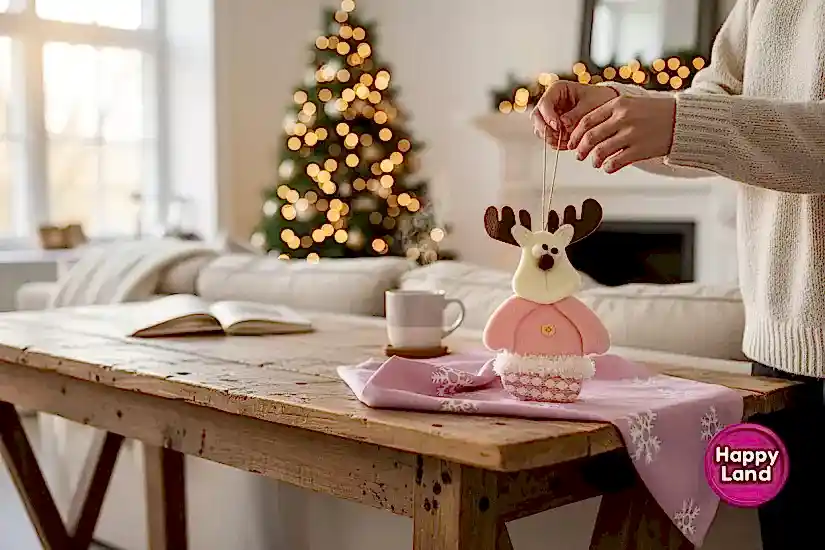 Happyland Yılbaşı Ağacı Süsü Geyik 20 cm Makaron Pembe Peluş Asma Süs HPY26044