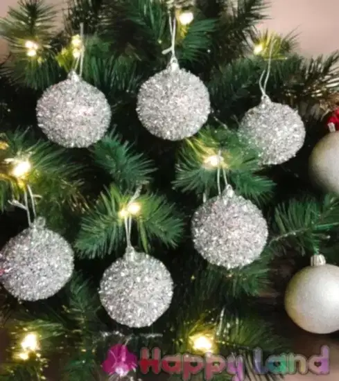 Happyland Yılbaşı Ağacı Çam Ağacı Süsü Gümüş Pullu Parıltılı Model 6 Adet Yılbaşı Topu 6 Cm Cici Top