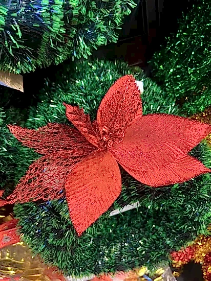 Happyland Yılbaşı Ağacı Süsü Kırmızı Simli Ponsetya Çiçek 28 CM HPY26079