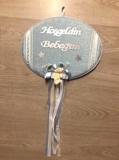 Gümüş Yazılı Hoşgeldin Bebeğim Oval Kapı Süsü Mavi