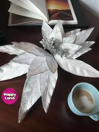 Happyland Yılbaşı Süsü Yapay Simli Papatya Ponsetya Gümüş 60 cm Büyük Boy Atatürk Çiçeği HPY26082