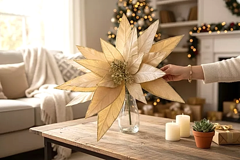 Happyland Yılbaşı Süsü Yapay Simli Papatya Ponsetya Gold 60 cm Büyük Boy Atatürk Çiçeği HPY26082