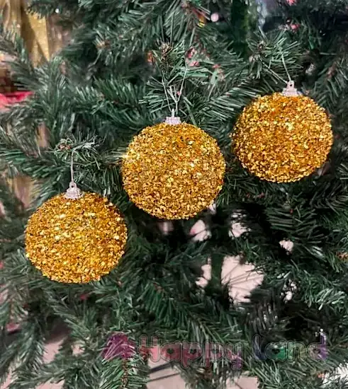 Happyland Yılbaşı Çam Ağacı Süsü Gold Pullu Parıltılı Büyük Boy YılBaşı Topu 3 Adet Yeni Yıl Süs
