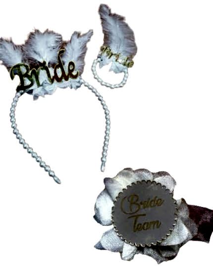 Happyland Gold-Beyaz Bride Taç,Bride Bileklik Ve 10 Lu Bride Team Tüllü Nedime Bilekliği