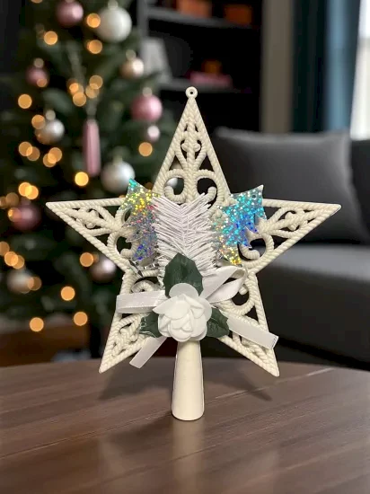 Happyland Yılbaşı Çam Ağacı Süsü Güllü Model Beyaz Tepe Yıldızı Yıldız Tepelik 25 Cm HPY26020