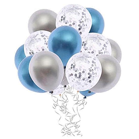 Gümüş Konfetili Gümüş Mavi Krom Parlak Balon Seti 15 Adet