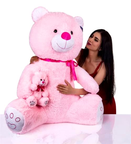 Yavrulu 100 cm Peluş Ayı Pembe