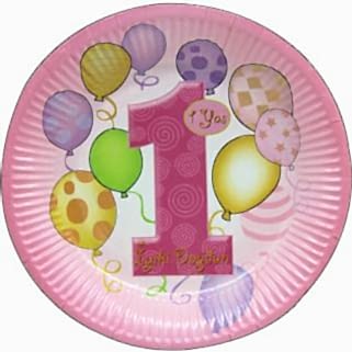 8li 1 Yaş Doğum Günü Yuvarlak Karton Parti Tabağı Pembe