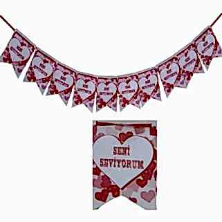 1 Adet Kalpli Seni Seviyorum Baskılı İpe Dizili Flama Parti Süsü