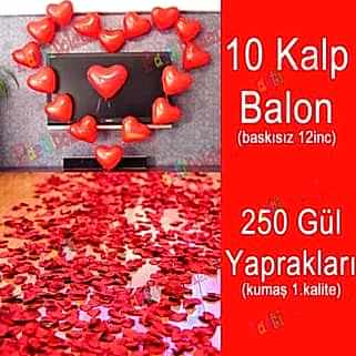 10 Kalp Balon + 250 Yapay Gül, Kalpli Balon ve Gül Yaprakları