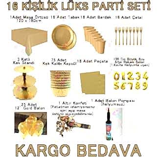 16 Kişilik Altın Sarısı Gold Lüks Parti Seti Konsept Malzemeleri