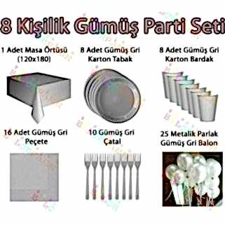 8 Kişilik Gümüş Gri Doğum Günü Parti Malzemeleri Konsepti Seti
