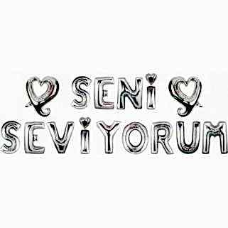 Gümüş Gri Seni Seviyorum Folyo Balon Set, 13 Harf+2 Kalpli Balon