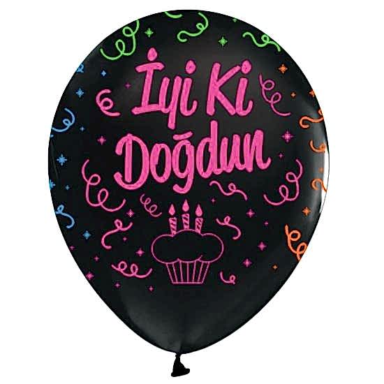 4 Renk Baskılı Siyah-Şeffaf İyiki Doğdun Balon 25 Adet