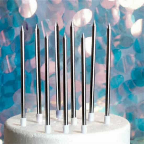Gümüş Lüks Uzun Pasta Mumu 6 Adet