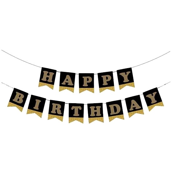 Happy Birthday Siyah Zemin Altın Banner Flama