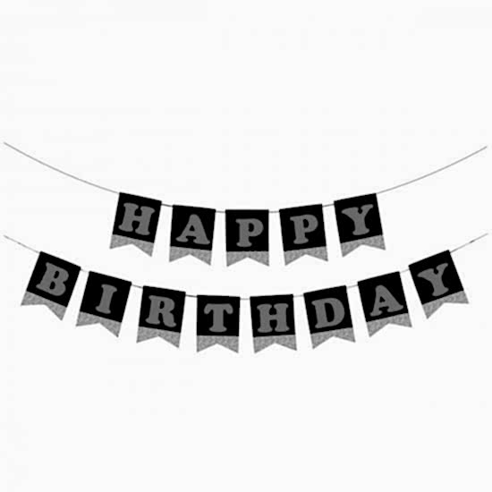 Happy Birthday Siyah Zemin Gümüş Banner Flama