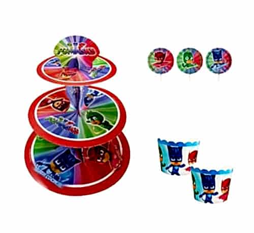 Happyland Pj Maskeliler Karakterli Kek Standı + Kek Kapsülü + Kürdan 3’lü Set Erkek Doğum Günü Partisi Seti Pj Maskeliler Temalı Parti Cake Set Cup Cake Standı Seti